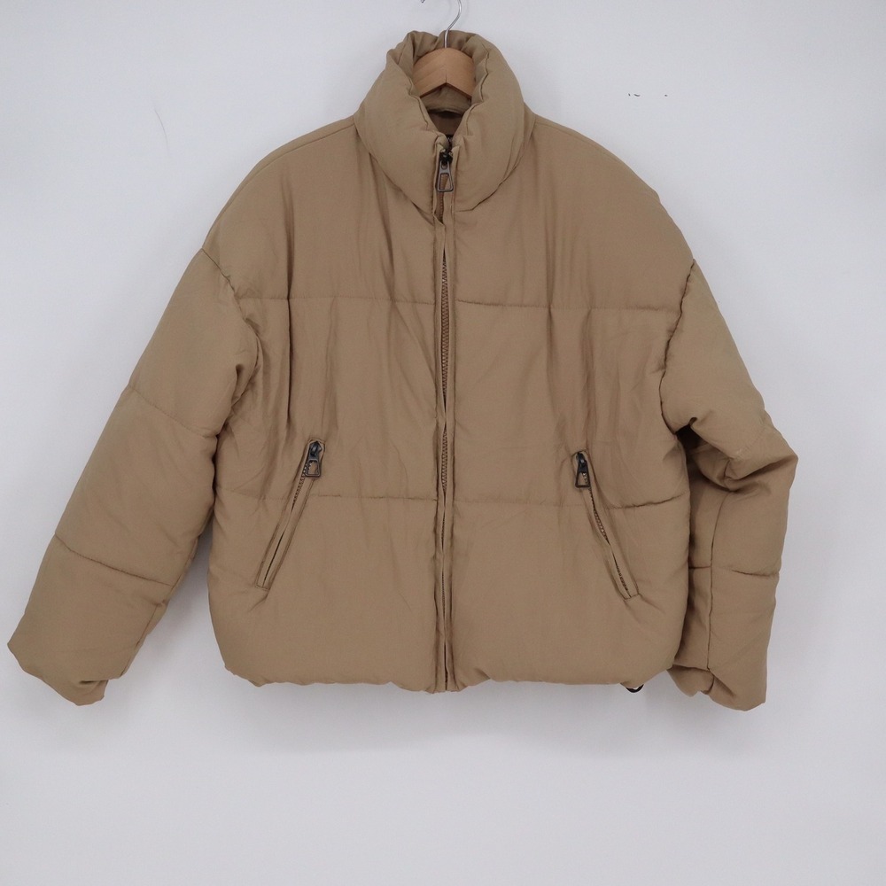 Outerwear Puffer Jacket Women M Tan Cropped Oversized Full Zip Excellent